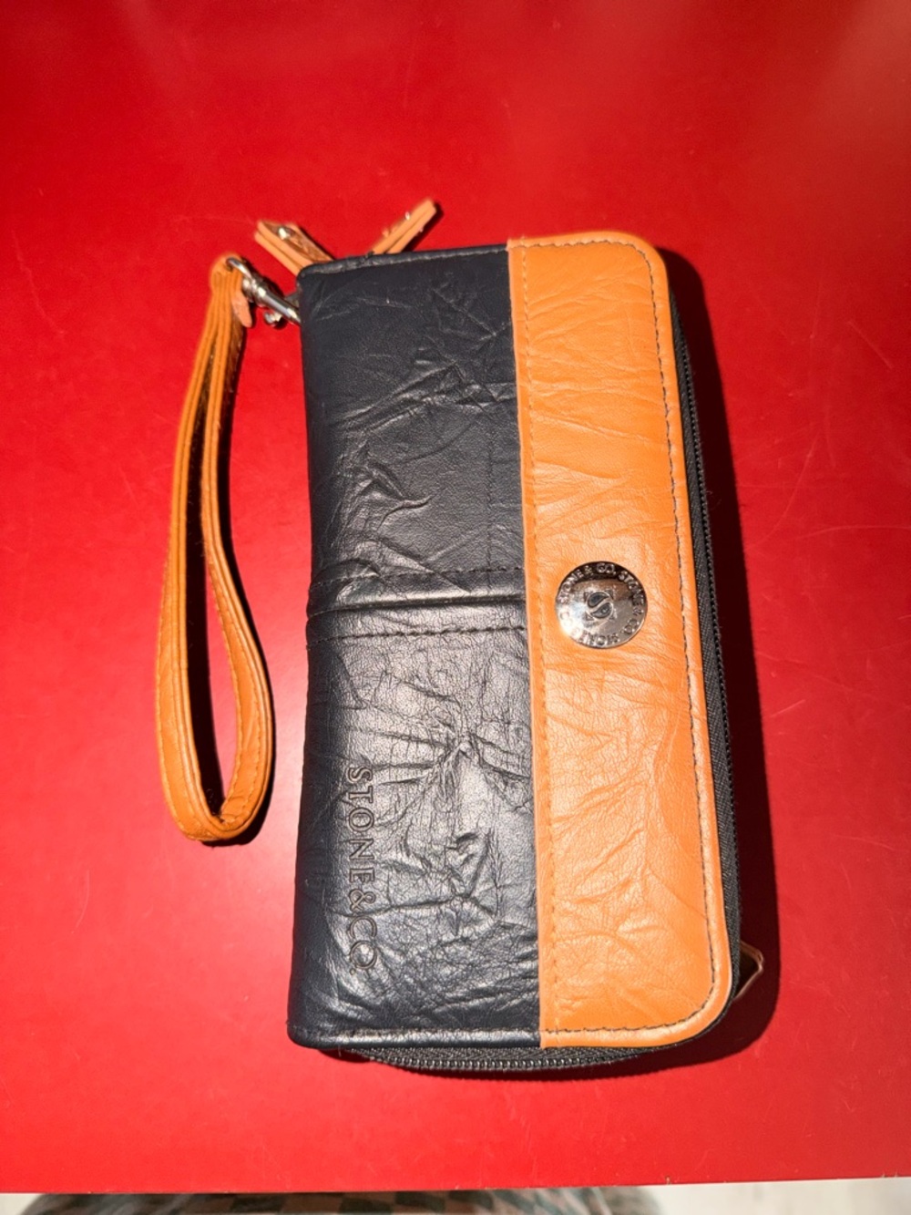 Stone & Co. Black and Orange Leather Wristlet Clutch
